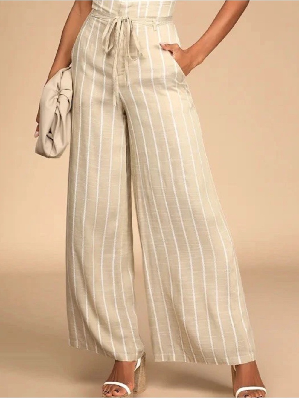 Wide-Leg Striped Linen-Blend Pants in Beige